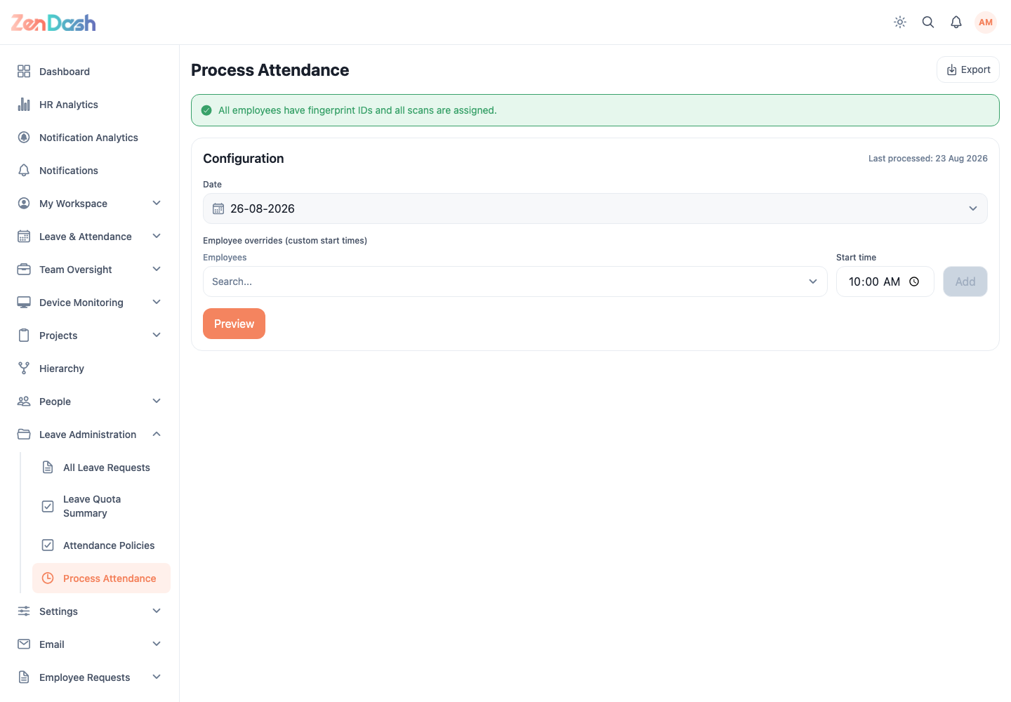 ZenDash HRM Applied Attendance Decisions at a desktop viewport