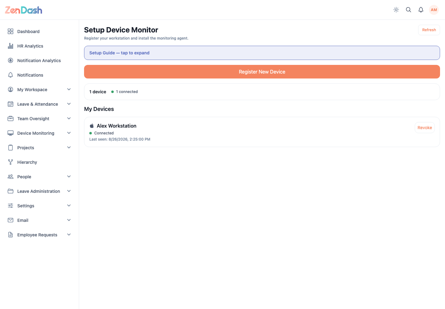 ZenDash HRM Device Monitoring Setup at a desktop viewport