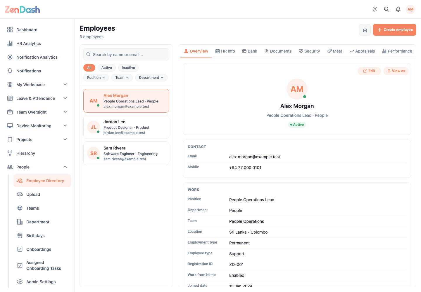 ZenDash HRM Employee Directory at a desktop viewport