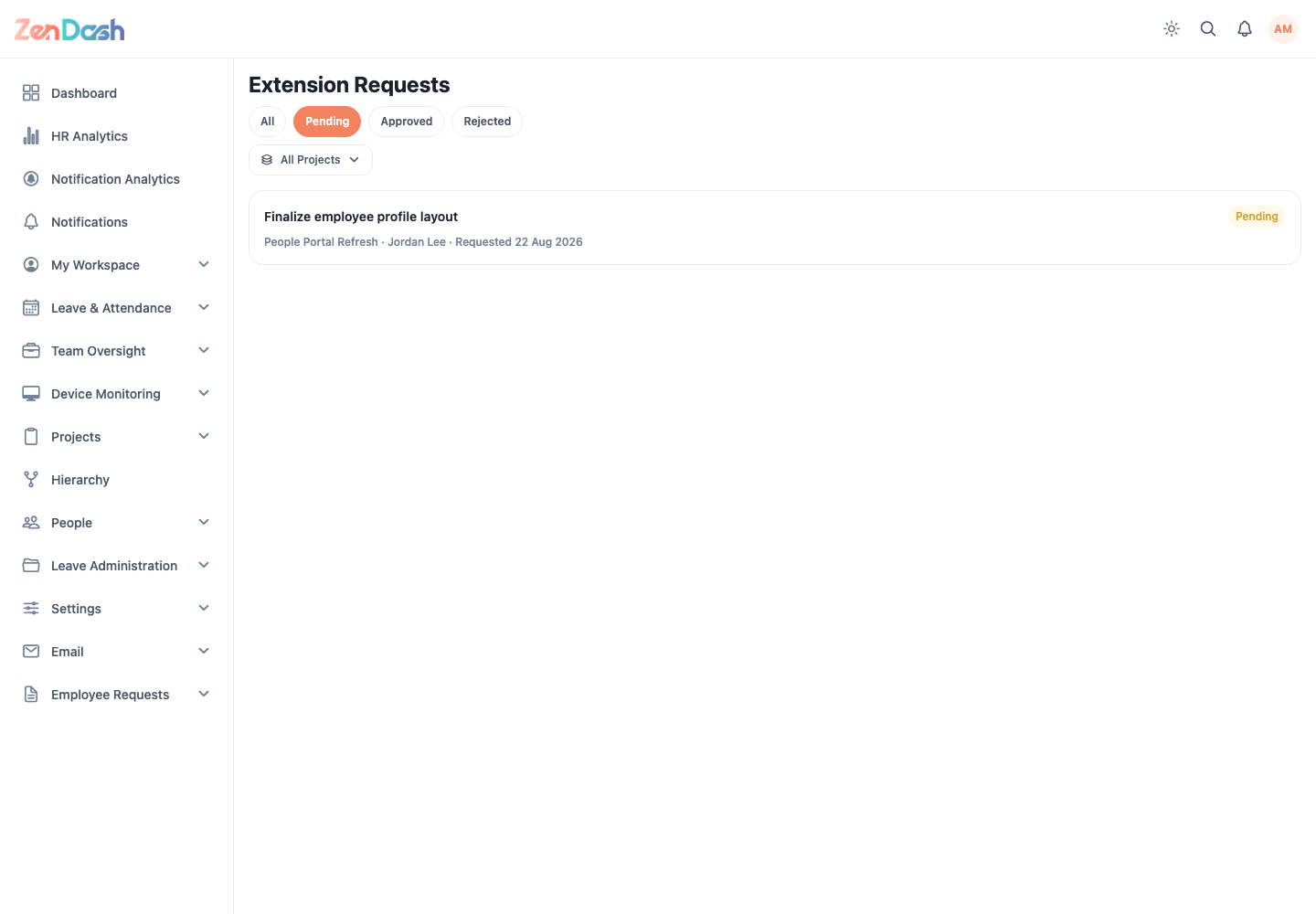 ZenDash HRM Extension Requests at a desktop viewport