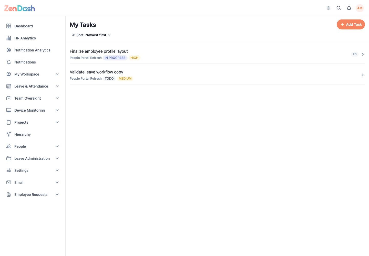 ZenDash HRM My Project Tasks at a desktop viewport