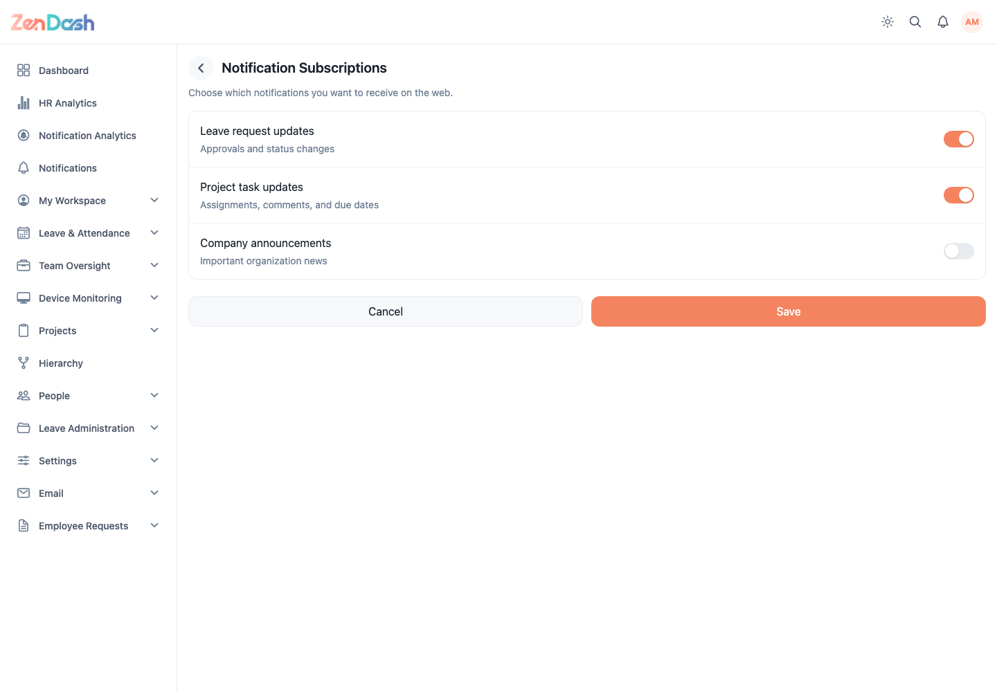 ZenDash HRM Notification Subscriptions at a desktop viewport