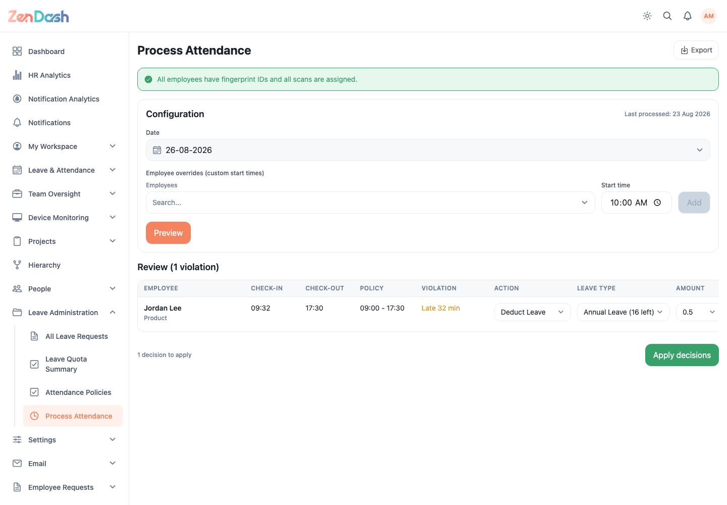 ZenDash HRM Process Attendance at a desktop viewport