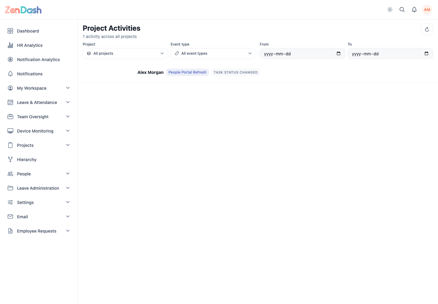 ZenDash HRM Project Activities at a desktop viewport