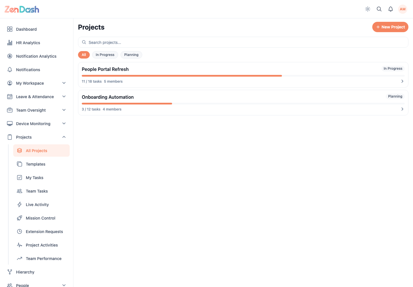 ZenDash HRM Projects at a desktop viewport