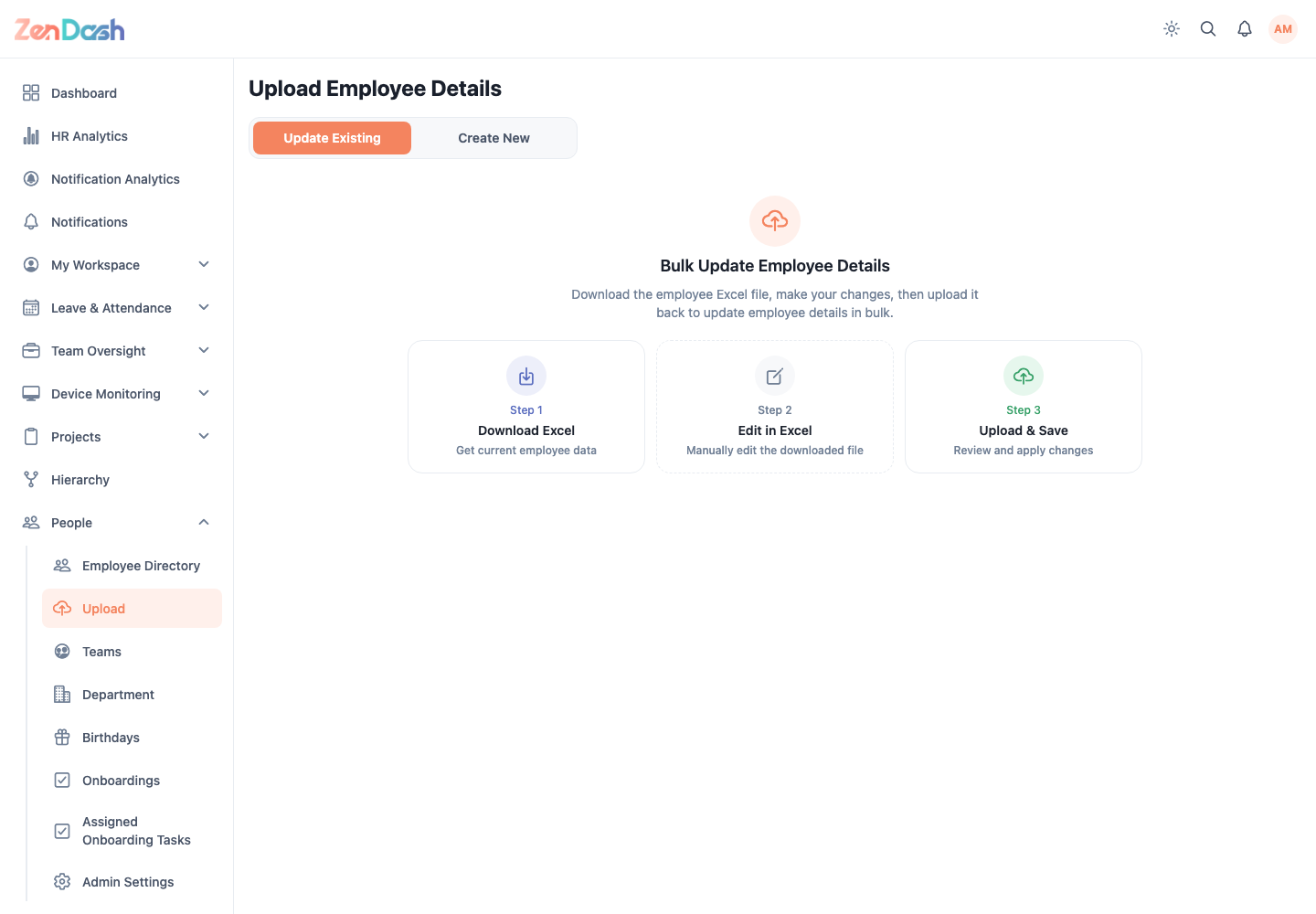 ZenDash HRM Upload Employees at a desktop viewport